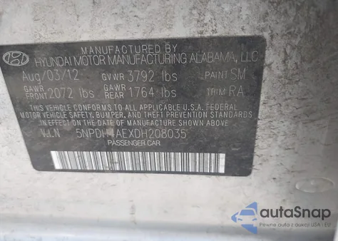 2013 Hyundai Elantra Gls z USA, uszkodzony, nr VIN 5NPDH4AEXDH208035